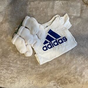 Adidas 6 month onesie and Gerber 6 pack 0-3 month white socks